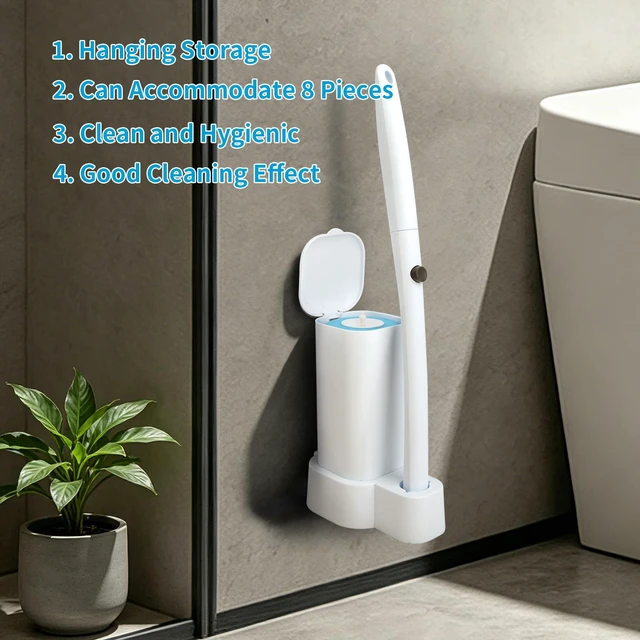 Alt view image 6 of 6 - Disposable Toilet Brush and Holder Set with 48 Refills, Square | Wall Mount Holder Design, Cleaning Wand Removes Limescale for Bathroom & Bathtub Sanitation