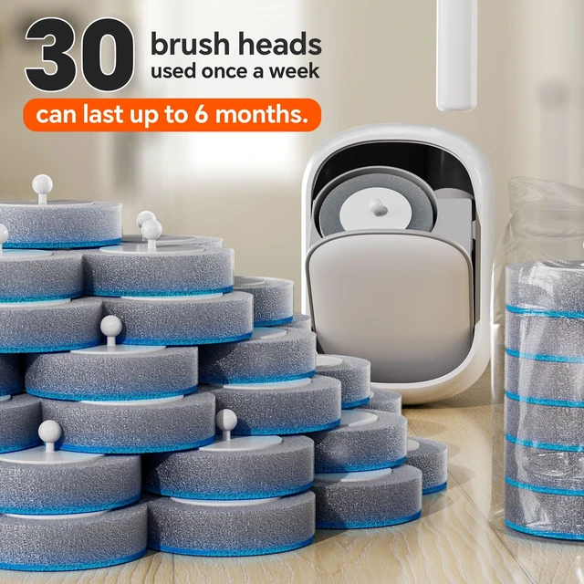 Alt view image 2 of 7 - Disposable Toilet Brush Set with 30 Refills, Wall Mounted Wand Kit | Waterproof with LidHands-Free Lid,New Wand Refills,One-Click Disposal,Pre-Loaded Cleaner,360° Rotating Head