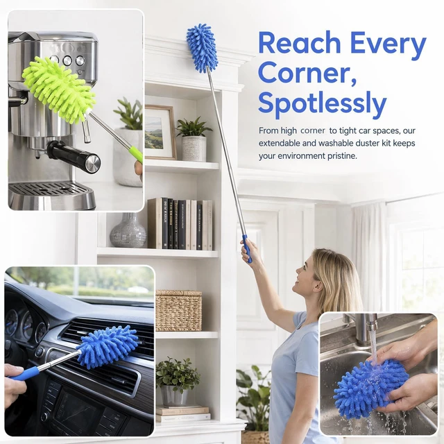 Alt view image 6 of 7 - 2 Pack Microfiber Duster for Cleaning, Hand Washable Dusters, Extendable Pole, Detachable Cleaning Supplies for Car, Ceiling Fan, Window, Furniture, Office