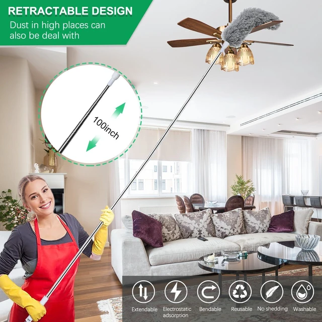 Alt view image 7 of 7 - 100" Extra-Long Microfiber Feather Duster, Extendable Pole Dusters, Telescoping Cobweb Duster for Cleaning, Bendable and Washable Microfiber Head, Cleaner for High Ceiling, Fan, Furniture