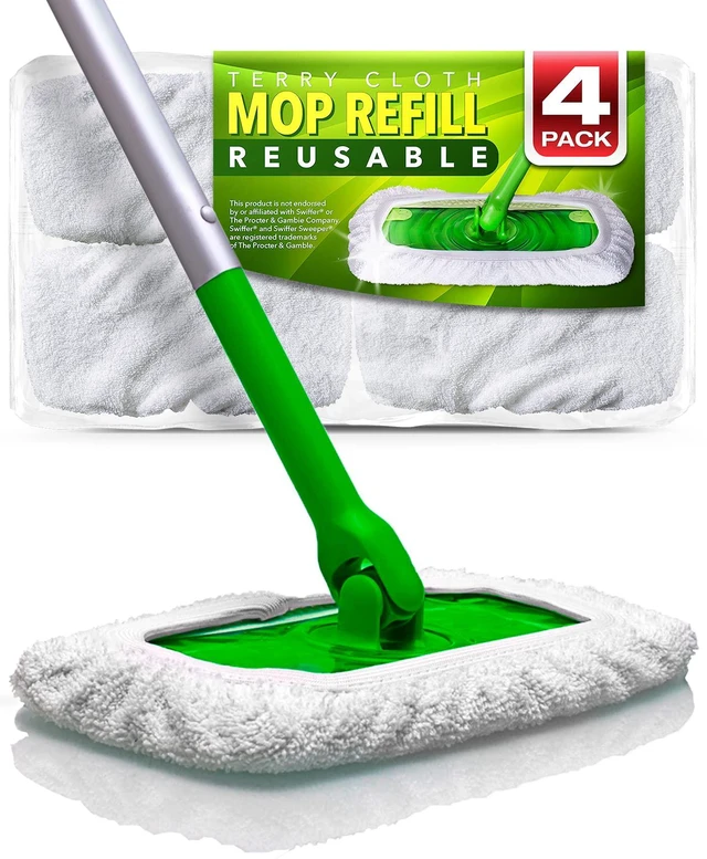 Main image of Reusable 100% Cotton Mop Pads for Swiffer Sweeper (4-Pack) | Mop not included, reusable terry cloth mop covers, cotton replacement refills, machine washable wet mopping pads