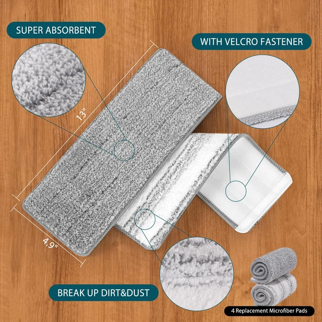 Alt view image 3 of 5 - 4 Pack Mop Replacement Pads Compatible with Joymoop Flat Mop | Reusable Microfiber Flat Mop Pads for Joy Mop, Washable Mop Head Replacement Fit for All 13" X 4.9" Squeeze Flat Floor Mop