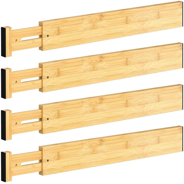 Main image of Bamboo Drawer Dividers 17-22" Adjustable Kitchen Organizer, Natural | Spring-loaded, non-slip foam ends, tool-free setup, versatile separators for utensils silverware dresser nursery socks spices