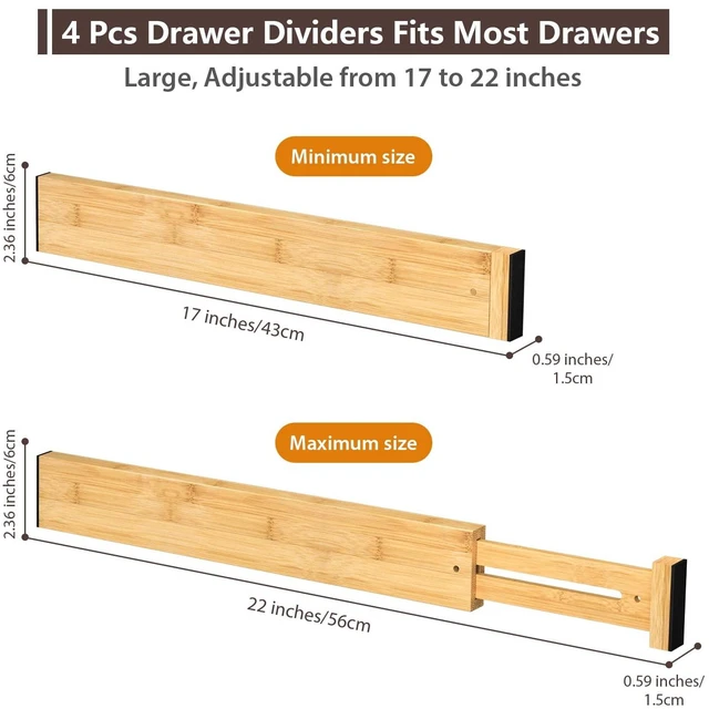 Alt view image 2 of 7 - Bamboo Drawer Dividers 17-22" Adjustable Kitchen Organizer, Natural | Spring-loaded, non-slip foam ends, tool-free setup, versatile separators for utensils silverware dresser nursery socks spices