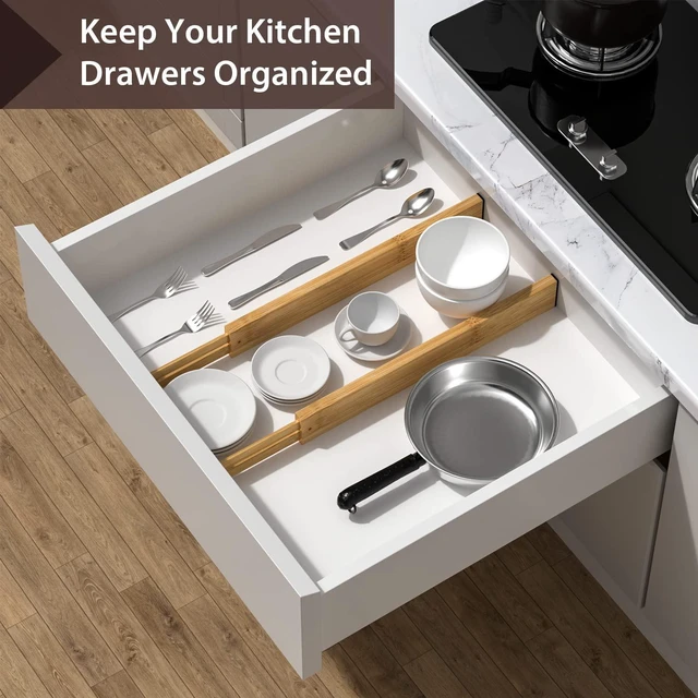 Alt view image 4 of 7 - Bamboo Drawer Dividers 17-22" Adjustable Kitchen Organizer, Natural | Spring-loaded, non-slip foam ends, tool-free setup, versatile separators for utensils silverware dresser nursery socks spices