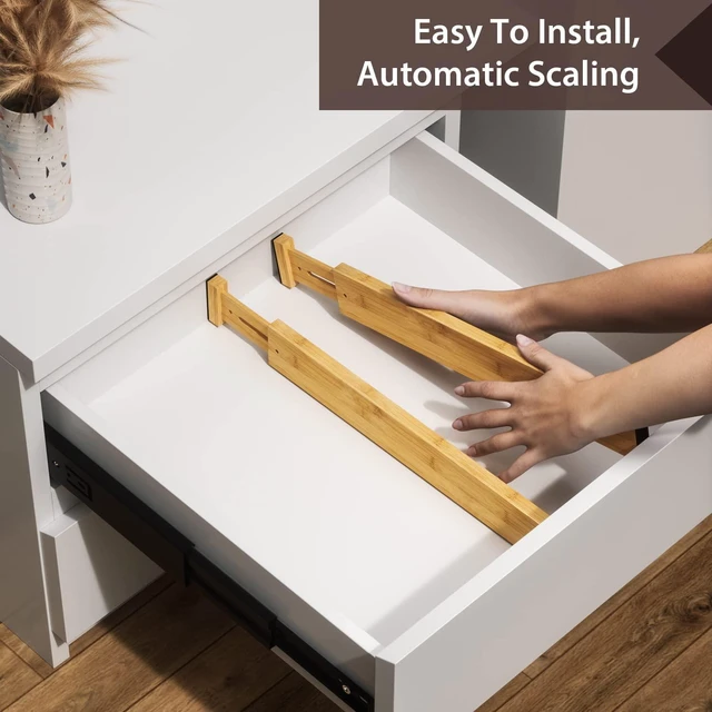 Alt view image 7 of 7 - Bamboo Drawer Dividers 17-22" Adjustable Kitchen Organizer, Natural | Spring-loaded, non-slip foam ends, tool-free setup, versatile separators for utensils silverware dresser nursery socks spices