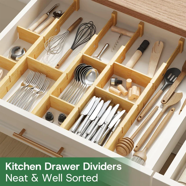 Alt view image 2 of 7 - Kitchen Drawer Dividers - Adjustable Drawer Organizer for Clothes, Kitchen, Closet & Office - 4 Pack with Inserts, 18-22.6 Inches, Non-Slip Silicone Ends