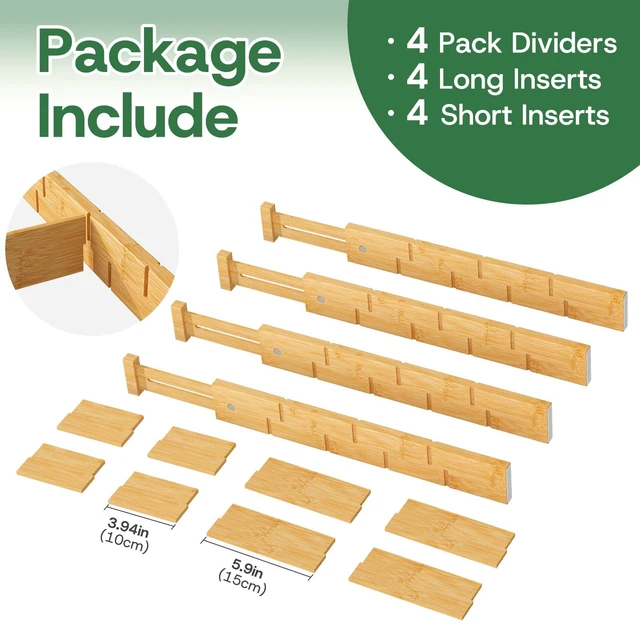 Alt view image 3 of 7 - Kitchen Drawer Dividers - Adjustable Drawer Organizer for Clothes, Kitchen, Closet & Office - 4 Pack with Inserts, 18-22.6 Inches, Non-Slip Silicone Ends