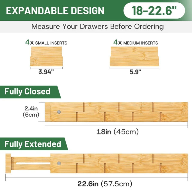 Alt view image 4 of 7 - Kitchen Drawer Dividers - Adjustable Drawer Organizer for Clothes, Kitchen, Closet & Office - 4 Pack with Inserts, 18-22.6 Inches, Non-Slip Silicone Ends