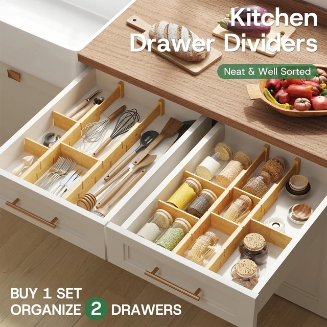 Alt view image 6 of 7 - Kitchen Drawer Dividers - Adjustable Drawer Organizer for Clothes, Kitchen, Closet & Office - 4 Pack with Inserts, 18-22.6 Inches, Non-Slip Silicone Ends