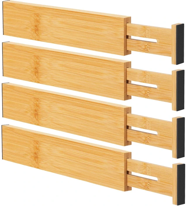 Main image of Bamboo Drawer Dividers, Adjustable Drawer Organizers, Fits 12.616" Drawers | 2.5" High, 4 Pack Expandable Drawer Separators for Kitchen, Nursery, Dressers & Office Storage, Natural