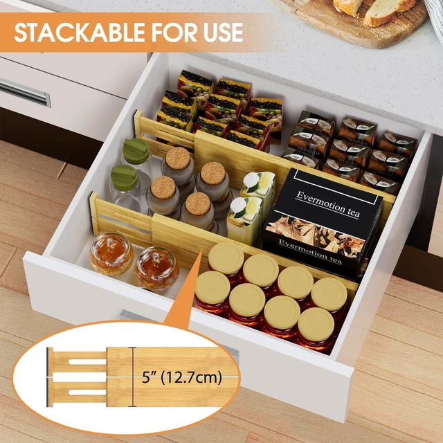 Alt view image 4 of 7 - Bamboo Drawer Dividers, Adjustable Drawer Organizers, Fits 12.616" Drawers | 2.5" High, 4 Pack Expandable Drawer Separators for Kitchen, Nursery, Dressers & Office Storage, Natural