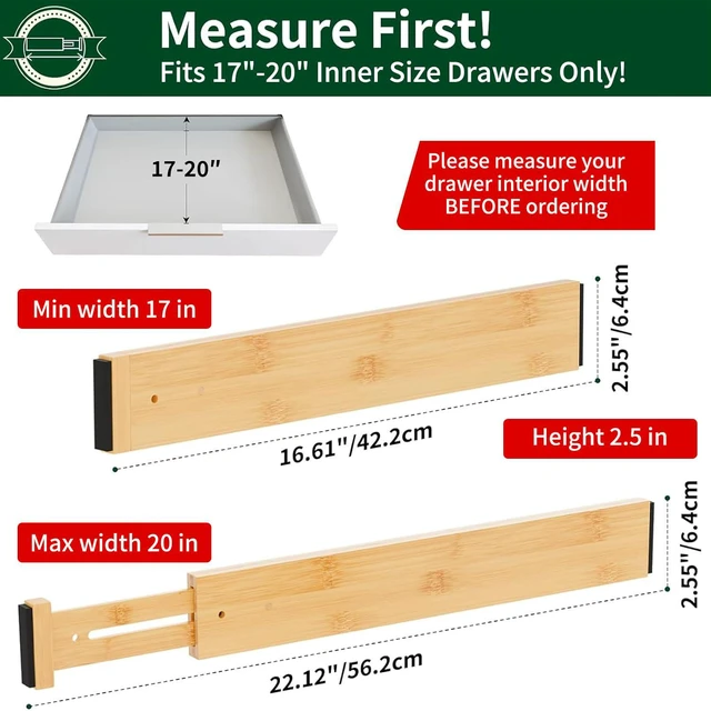 Alt view image 2 of 7 - Bamboo Drawer Dividers 2.6" High,17"-20" Adjustable Spring Loaded Clothes Drawer Organizers for Kitchen, Dresser, Bathroom, Bedroom and Office