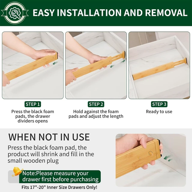Alt view image 3 of 7 - Bamboo Drawer Dividers 2.6" High,17"-20" Adjustable Spring Loaded Clothes Drawer Organizers for Kitchen, Dresser, Bathroom, Bedroom and Office
