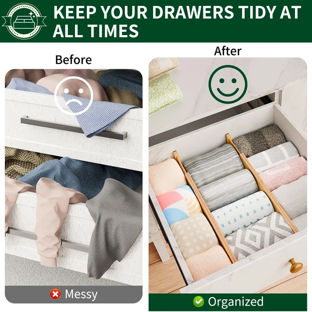 Alt view image 4 of 7 - Bamboo Drawer Dividers 2.6" High,17"-20" Adjustable Spring Loaded Clothes Drawer Organizers for Kitchen, Dresser, Bathroom, Bedroom and Office