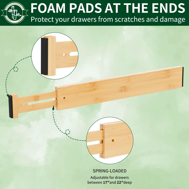 Alt view image 5 of 7 - Bamboo Drawer Dividers 2.6" High,17"-20" Adjustable Spring Loaded Clothes Drawer Organizers for Kitchen, Dresser, Bathroom, Bedroom and Office