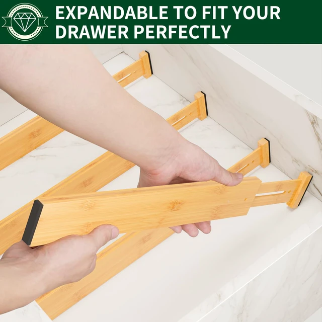 Alt view image 6 of 7 - Bamboo Drawer Dividers 2.6" High,17"-20" Adjustable Spring Loaded Clothes Drawer Organizers for Kitchen, Dresser, Bathroom, Bedroom and Office