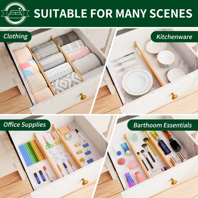 Alt view image 7 of 7 - Bamboo Drawer Dividers 2.6" High,17"-20" Adjustable Spring Loaded Clothes Drawer Organizers for Kitchen, Dresser, Bathroom, Bedroom and Office