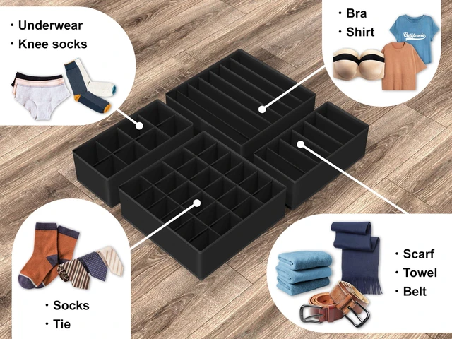 Alt view image 4 of 7 - 4-Pack Drawer Organizer Set for Underwear/Socks/Bra, Black | Closet Dividers for Underwear, Socks, Bras, Scarves, Ties - Foldable Non-Woven Storage Boxes