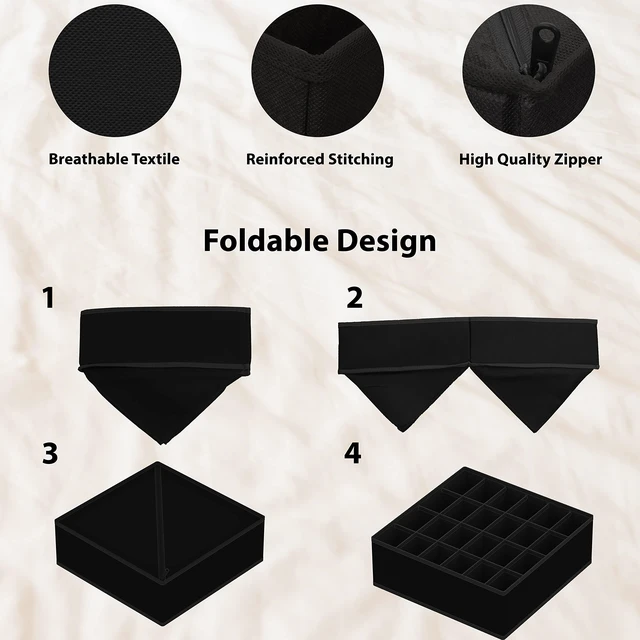 Alt view image 5 of 7 - 4-Pack Drawer Organizer Set for Underwear/Socks/Bra, Black | Closet Dividers for Underwear, Socks, Bras, Scarves, Ties - Foldable Non-Woven Storage Boxes