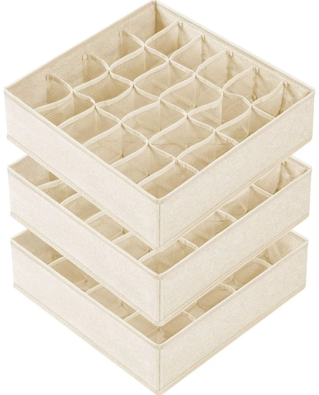 Main image of 3 Pack Sock Underwear Drawer Organizer Dividers, 64 Cell Fabric Foldable Cabinet Dresser Closet Organizers and Storage Boxes for Organizing Socks, Underwear, Ties (16+24+24 Cell, Beige)