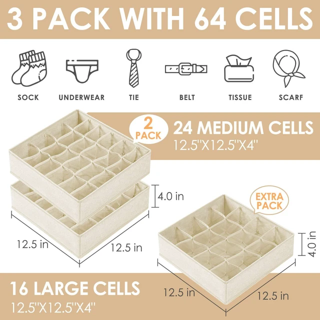 Alt view image 2 of 7 - 3 Pack Sock Underwear Drawer Organizer Dividers, 64 Cell Fabric Foldable Cabinet Dresser Closet Organizers and Storage Boxes for Organizing Socks, Underwear, Ties (16+24+24 Cell, Beige)