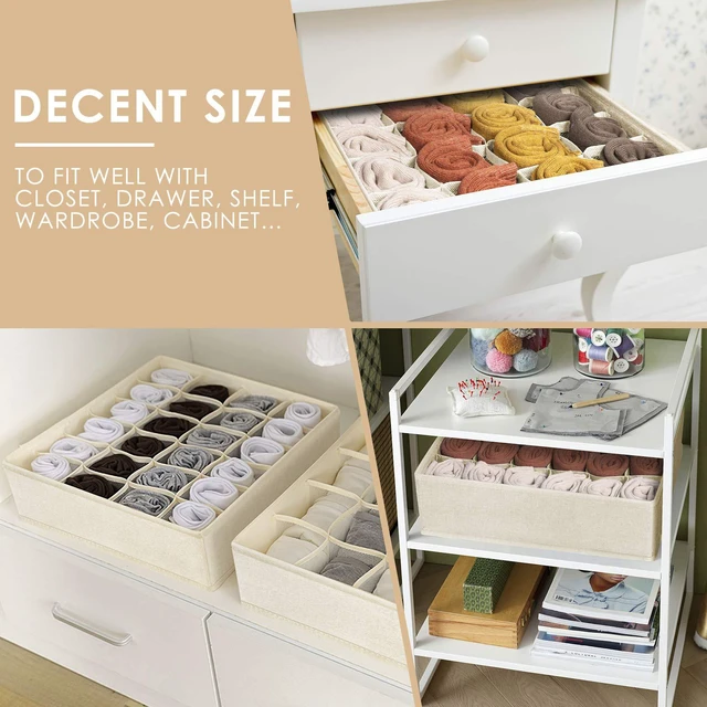 Alt view image 3 of 7 - 3 Pack Sock Underwear Drawer Organizer Dividers, 64 Cell Fabric Foldable Cabinet Dresser Closet Organizers and Storage Boxes for Organizing Socks, Underwear, Ties (16+24+24 Cell, Beige)