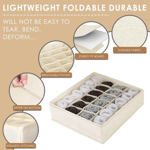 Alt view image 4 of 7 - 3 Pack Sock Underwear Drawer Organizer Dividers, 64 Cell Fabric Foldable Cabinet Dresser Closet Organizers and Storage Boxes for Organizing Socks, Underwear, Ties (16+24+24 Cell, Beige)