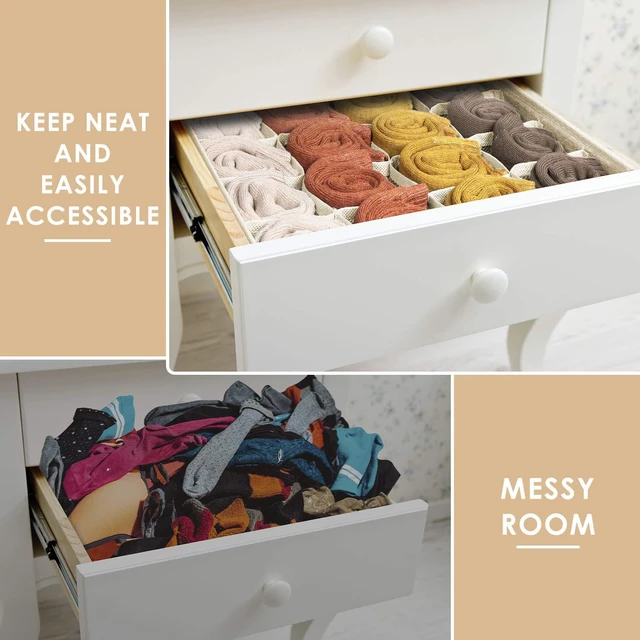 Alt view image 5 of 7 - 3 Pack Sock Underwear Drawer Organizer Dividers, 64 Cell Fabric Foldable Cabinet Dresser Closet Organizers and Storage Boxes for Organizing Socks, Underwear, Ties (16+24+24 Cell, Beige)