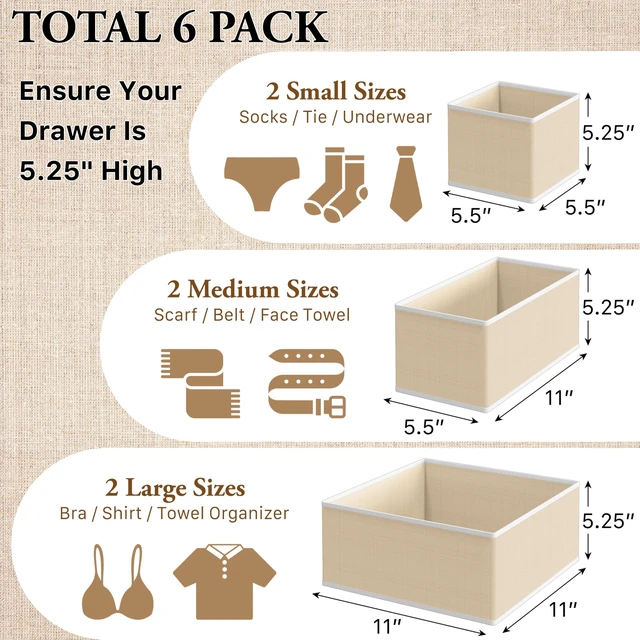Alt view image 2 of 7 - Underwear Drawer Organizer, Set of 6, Beige | for Lingerie/Undergarment/Bra/Panty/Sock/Onesie