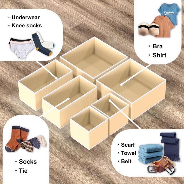 Alt view image 4 of 7 - Underwear Drawer Organizer, Set of 6, Beige | for Lingerie/Undergarment/Bra/Panty/Sock/Onesie