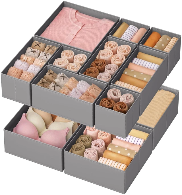 Main image of Drawer Organizers, Set of 12, Foldable Fabric Storage Boxes | Dresser Organizers for Socks, Underwear, Bras, Ties, Scarves, Dove Gray, TINA Collection URDZ006G02