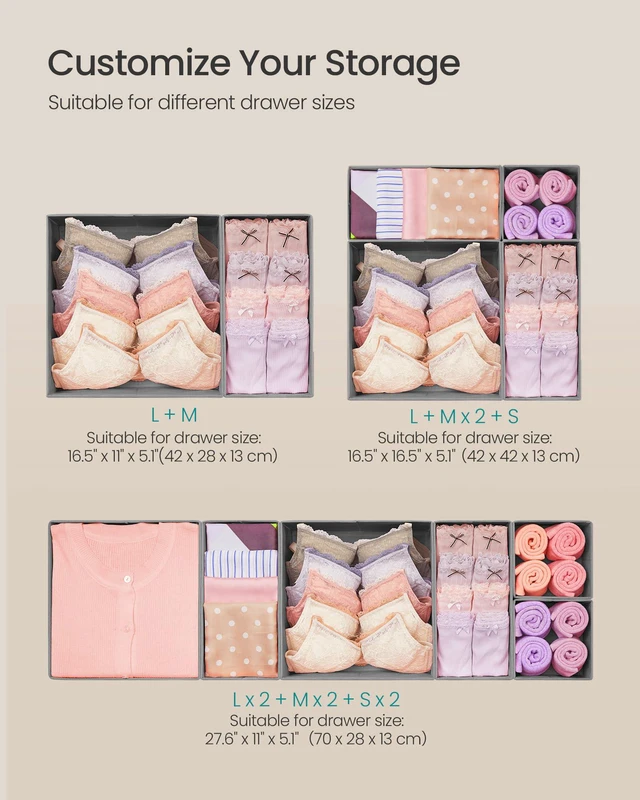 Alt view image 5 of 7 - Drawer Organizers, Set of 12, Foldable Fabric Storage Boxes | Dresser Organizers for Socks, Underwear, Bras, Ties, Scarves, Dove Gray, TINA Collection URDZ006G02