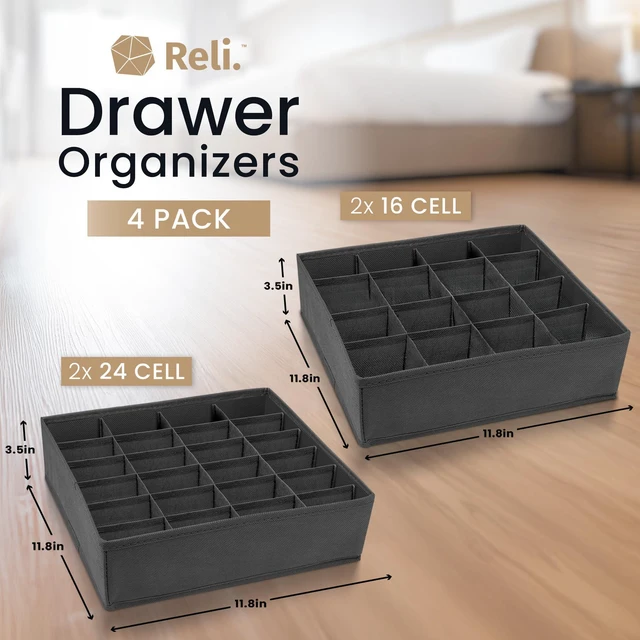 Alt view image 2 of 7 - Sock Organizer (4 Pack) | 16+24 Cell Underwear Organizer | Gray | Drawer Dividers for Underwear, Socks, Ties, Belt | Foldable Fabric Storage Bins for Drawer, Closet, Dresser | 11.8x11.8x3.5"
