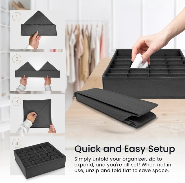 Alt view image 5 of 7 - Sock Organizer (4 Pack) | 16+24 Cell Underwear Organizer | Gray | Drawer Dividers for Underwear, Socks, Ties, Belt | Foldable Fabric Storage Bins for Drawer, Closet, Dresser | 11.8x11.8x3.5"