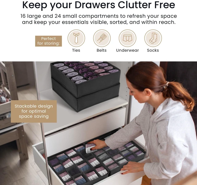 Alt view image 3 of 7 - Sock Organizer (4 Pack) | 16+24 Cell Underwear Organizer | Gray | Drawer Dividers for Underwear, Socks, Ties, Belt | Foldable Fabric Storage Bins for Drawer, Closet, Dresser | 11.8x11.8x3.5"