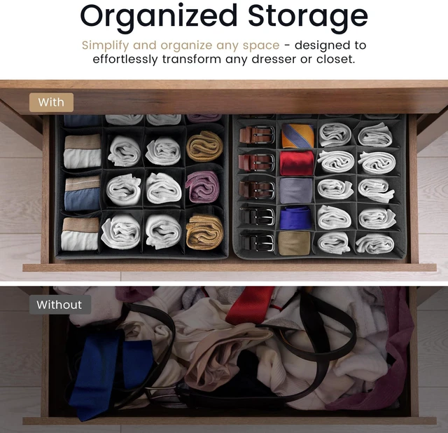Alt view image 7 of 7 - Sock Organizer (4 Pack) | 16+24 Cell Underwear Organizer | Gray | Drawer Dividers for Underwear, Socks, Ties, Belt | Foldable Fabric Storage Bins for Drawer, Closet, Dresser | 11.8x11.8x3.5"