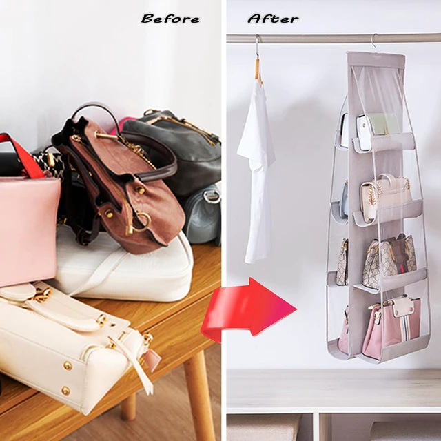 Alt view image 6 of 6 - 1 Pack Hanging Handbag Purse Organizer, Bags Organizor for Purse 8 Pockets Wardrobe Closet Space Saving Handbag Storage, 44.5L x 13.5W (B-Light Gray)
