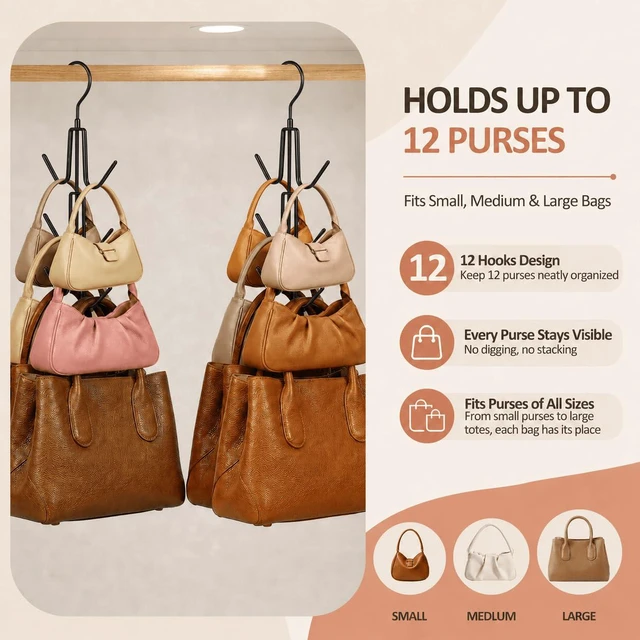 Alt view image 2 of 6 - 2 Pack Purse Hanger, Purse Organizer for Closet, Holds 12 Bags | Metal Hanging 12 Hooks Handbag Holder for Bag Storage, 360° Rotating Design Keeps Purses Visible and Easy to Access, Black