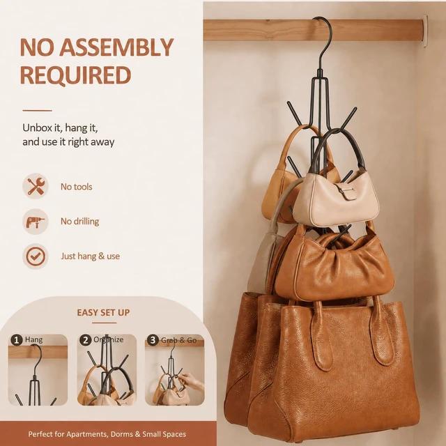 Alt view image 5 of 6 - 2 Pack Purse Hanger, Purse Organizer for Closet, Holds 12 Bags | Metal Hanging 12 Hooks Handbag Holder for Bag Storage, 360° Rotating Design Keeps Purses Visible and Easy to Access, Black