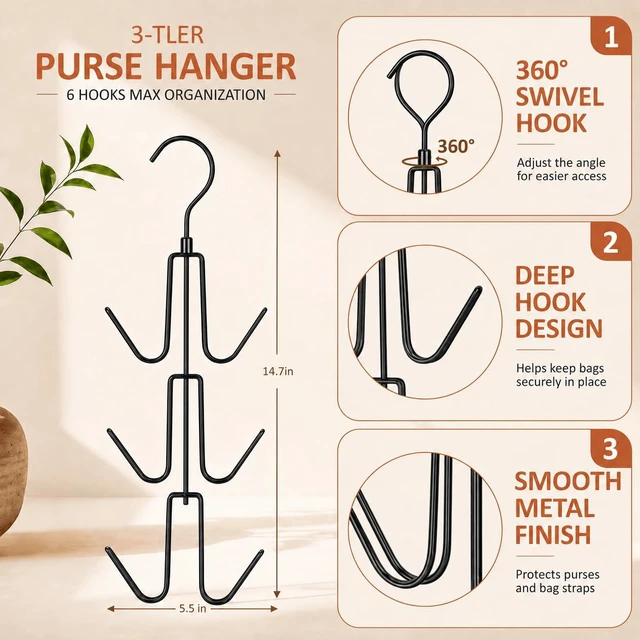 Alt view image 6 of 6 - 2 Pack Purse Hanger, Purse Organizer for Closet, Holds 12 Bags | Metal Hanging 12 Hooks Handbag Holder for Bag Storage, 360° Rotating Design Keeps Purses Visible and Easy to Access, Black