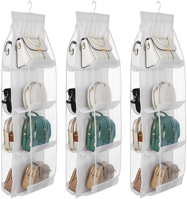 Main image of 3Pack Hanging Handbag Organizer for Closet 8 Clear PE Pockets, Space-Saving Purse Storage Holder (White, 41 x 13.5)
