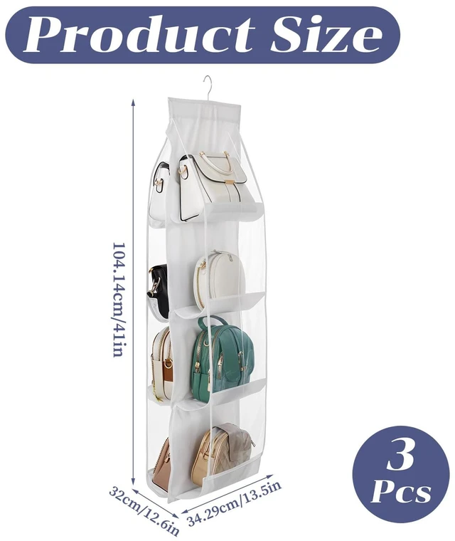 Alt view image 2 of 7 - 3Pack Hanging Handbag Organizer for Closet 8 Clear PE Pockets, Space-Saving Purse Storage Holder (White, 41 x 13.5)