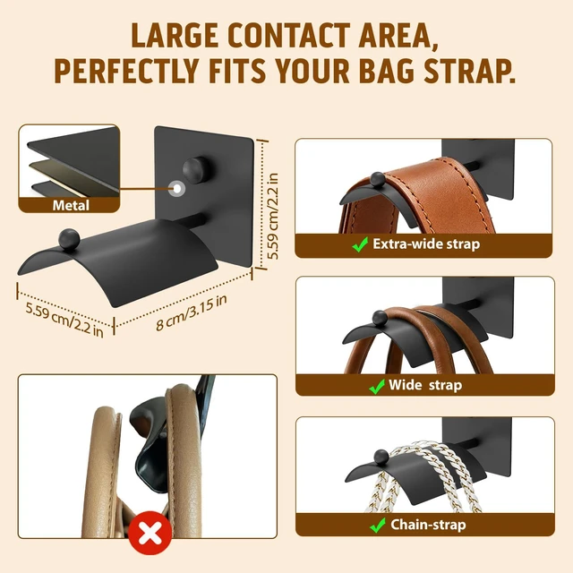 Alt view image 2 of 7 - Wall Mounted Purse Organizer for Closet Arc Handbag Holder Protects Handles & Saves Space, Adhesive or Screw Mount, Purse Hanger for Bedroom, Entryway, Office & Closet Storage / Organization, Black