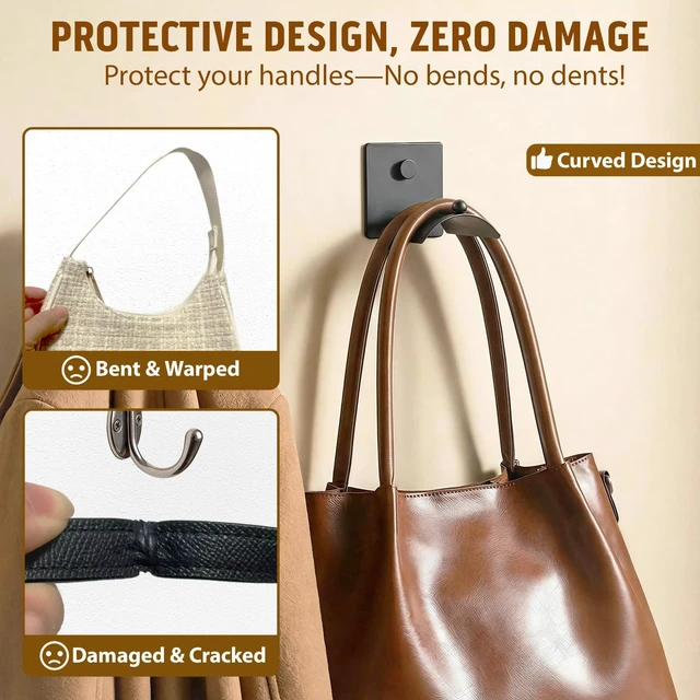 Alt view image 3 of 7 - Wall Mounted Purse Organizer for Closet Arc Handbag Holder Protects Handles & Saves Space, Adhesive or Screw Mount, Purse Hanger for Bedroom, Entryway, Office & Closet Storage / Organization, Black
