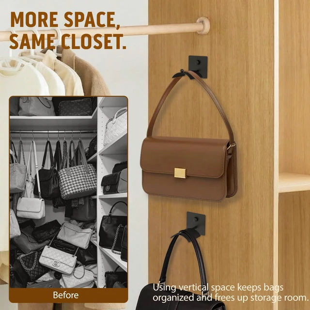 Alt view image 5 of 7 - Wall Mounted Purse Organizer for Closet Arc Handbag Holder Protects Handles & Saves Space, Adhesive or Screw Mount, Purse Hanger for Bedroom, Entryway, Office & Closet Storage / Organization, Black