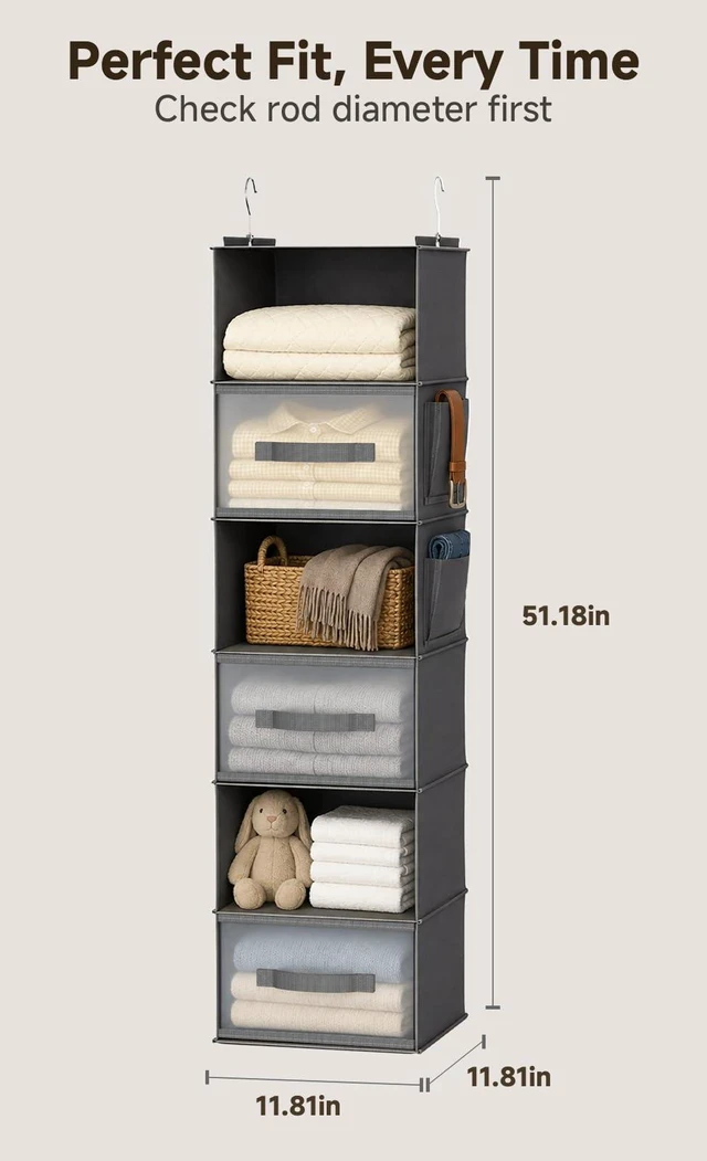 Alt view image 3 of 6 - 6-Shelf Hanging Closet Organizer with 3 Drawers & Side Pockets, Gray | Non-woven fabric, tool-free setup, ideal for bedrooms/dorms/RVs, 3 foldable transparent drawers for easy access