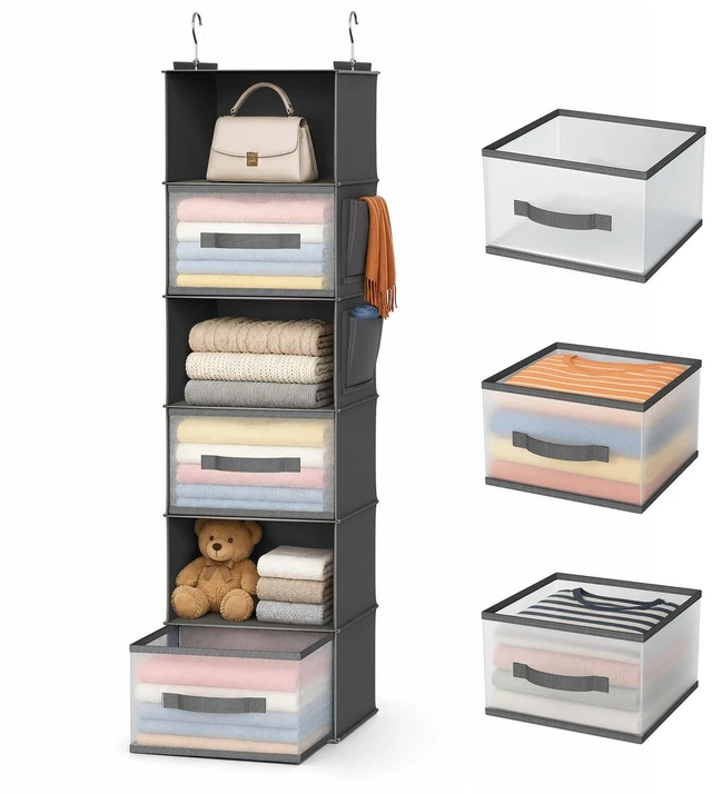 Main image of 6-Shelf Hanging Closet Organizer with 3 Drawers & Side Pockets, Gray | Non-woven fabric, tool-free setup, ideal for bedrooms/dorms/RVs, 3 foldable transparent drawers for easy access