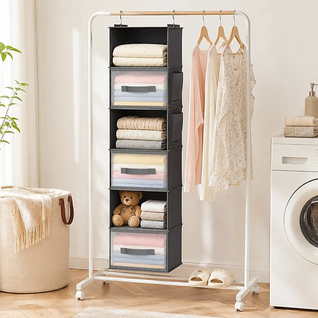 Alt view image 2 of 6 - 6-Shelf Hanging Closet Organizer with 3 Drawers & Side Pockets, Gray | Non-woven fabric, tool-free setup, ideal for bedrooms/dorms/RVs, 3 foldable transparent drawers for easy access