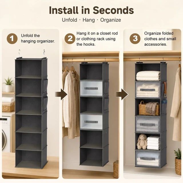 Alt view image 4 of 6 - 6-Shelf Hanging Closet Organizer with 3 Drawers & Side Pockets, Gray | Non-woven fabric, tool-free setup, ideal for bedrooms/dorms/RVs, 3 foldable transparent drawers for easy access